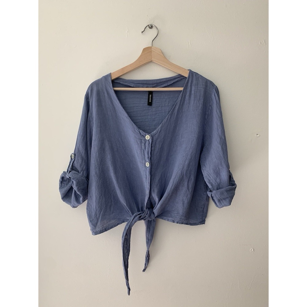 Venti6 100% Linen Blue Tie Front Button Up Top Roll Tab Sleeves Sz M Italy